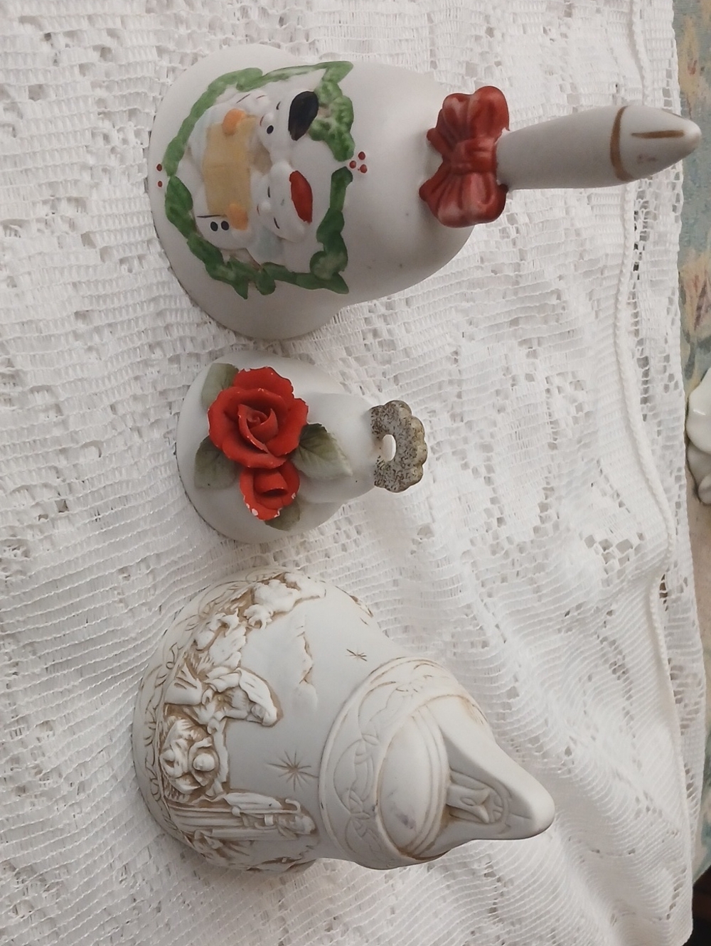 Decorative White Ceramic Bell and Rose Figurines Set